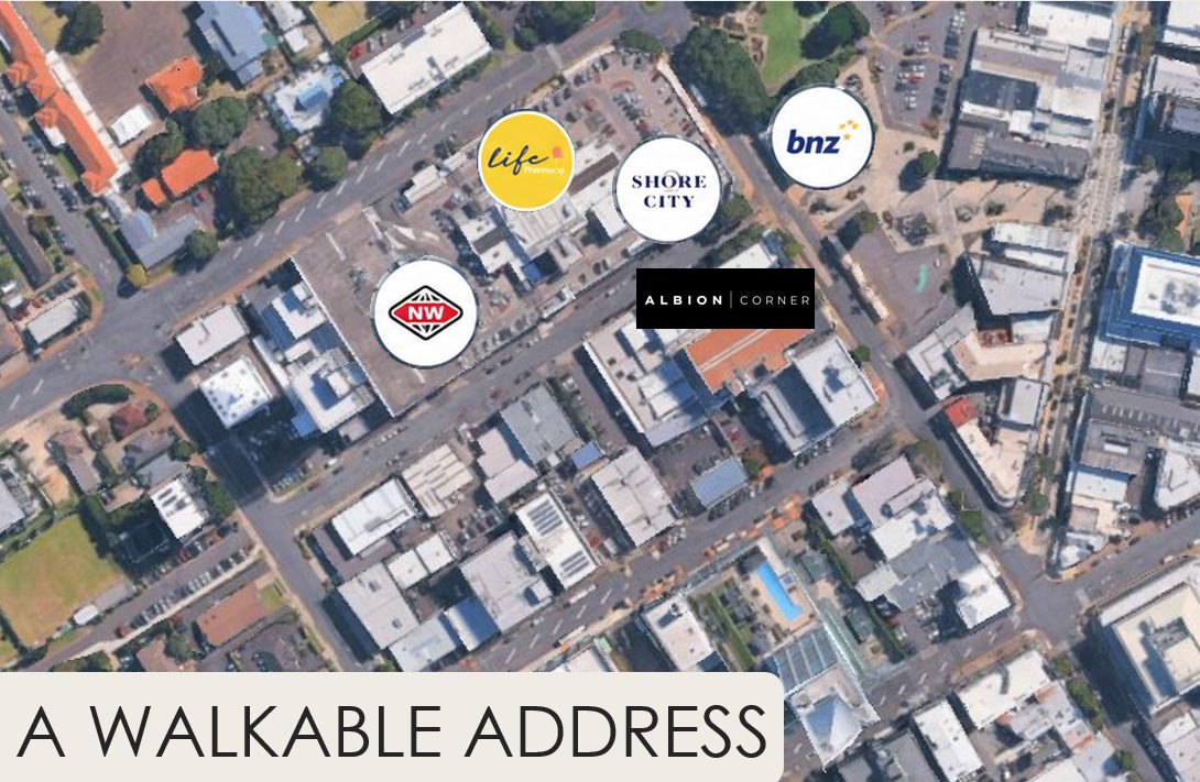 Aerial map showing Albion Corner relative to Shore City, BNZ, New World and Life Pharmacy